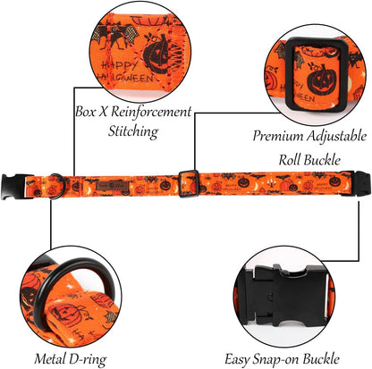 Lionet Paws Fall Halloween Dog Collar, Cute Bat Pumpkin Dog Collar for Large Dogs, Adjustable Cotton Orange Pet Collars for Medium Large Dogs