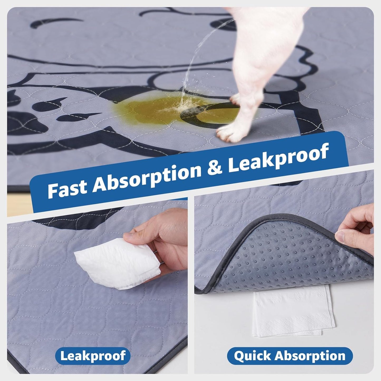 2 Pack Washable Puppy Pads for Dogs: 41x41In Reusable Pee Pads with Absorbent Whelping Features - Waterproof Non-Slip Dog Rug Protector for Potty Training, Beds, Couches, and Carpets, Gray