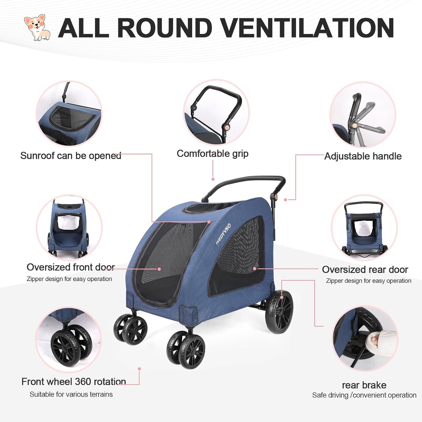 Large Dog Travel Stroller with 4 Heavy Duty Wheels Pet Stroller with Adjustable Handle - Double Doggie Capacity Jogger Wagon with Back Front Door for Small Medium Large Dogs (Navy) - Pawvie