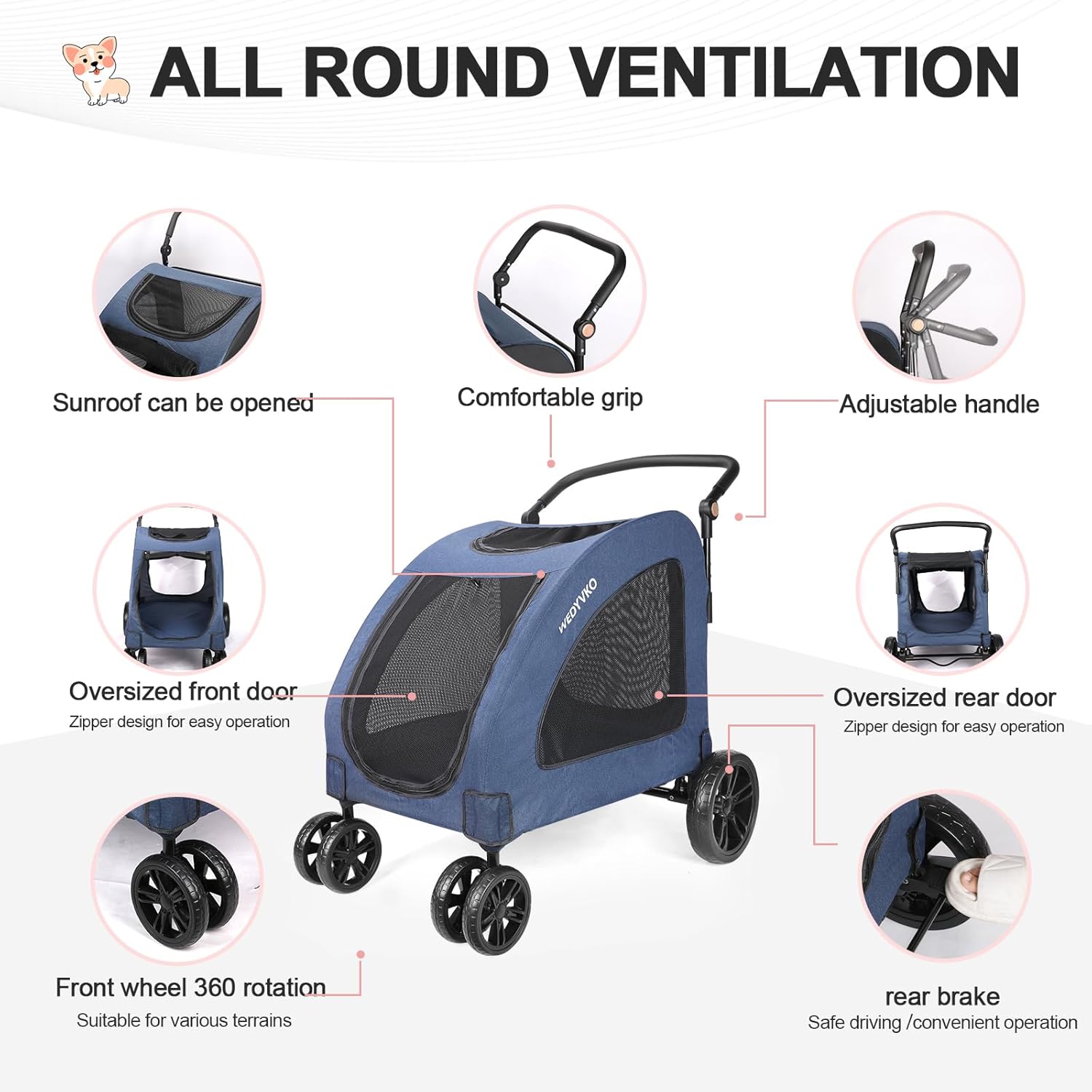 Large Dog Travel Stroller with 4 Heavy Duty Wheels Pet Stroller with Adjustable Handle - Double Doggie Capacity Jogger Wagon with Back Front Door for Small Medium Large Dogs (Navy) - Pawvie