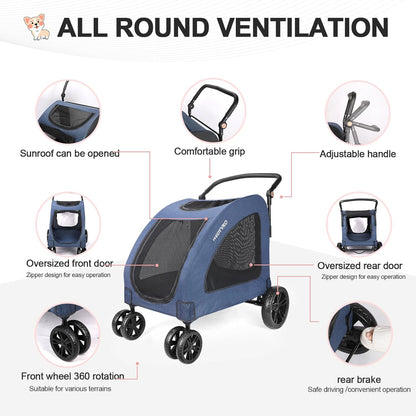Large Dog Travel Stroller with 4 Heavy Duty Wheels Pet Stroller with Adjustable Handle - Double Doggie Capacity Jogger Wagon with Back Front Door for Small Medium Large Dogs (Navy) - Pawvie