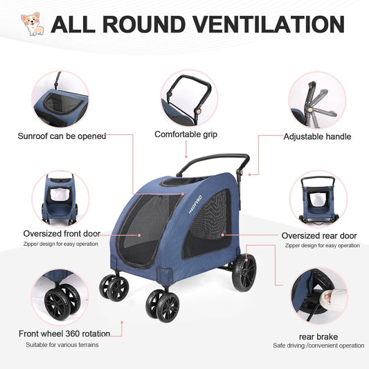 Large Dog Travel Stroller with 4 Heavy Duty Wheels Pet Stroller with Adjustable Handle - Double Doggie Capacity Jogger Wagon with Back Front Door for Small Medium Large Dogs (Navy) - Pawvie
