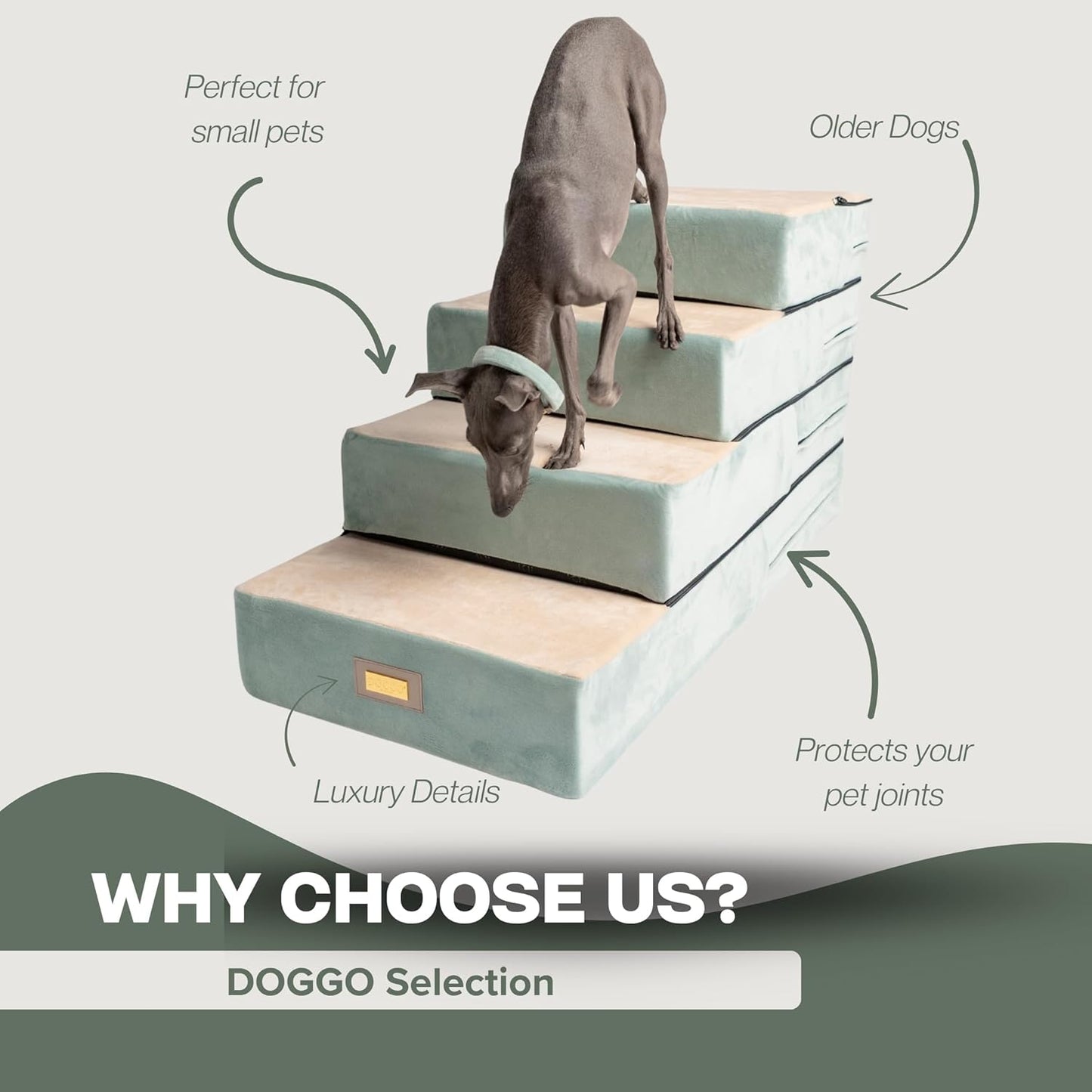 All-in-One Adjustable Dog Stairs – 5-Step Premium Pet Ramp for Small to Large Dogs – Sturdy, Non-Slip & Versatile for Beds, Sofas & More - Soft Cover, Modern Design (Green)