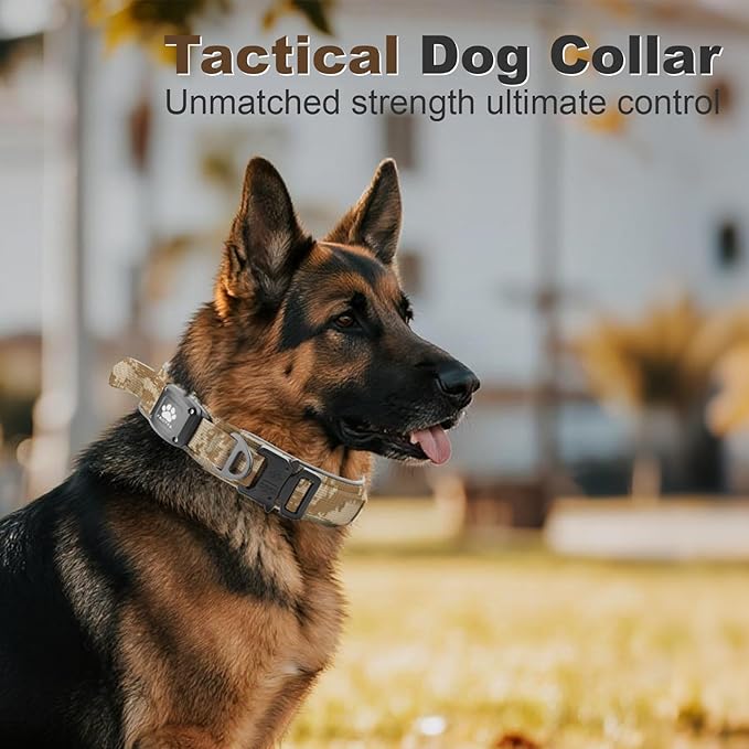2026 Upgrade Dog Collar with IPX8 Waterproof AirTag Holder,Military Tactical Handle and Ultra-Durable Metal Buckle/Night Reflective,GPS Collar for Medium to Large Dogs (Camouflage Khaki/L)