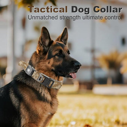 2026 Upgrade Dog Collar with IPX8 Waterproof AirTag Holder,Military Tactical Handle and Ultra-Durable Metal Buckle/Night Reflective,GPS Collar for Medium to Large Dogs (Camouflage Khaki/M)