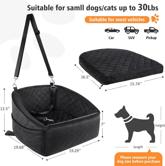 Dog Car Seat for Small Medium Dogs,Detachable Washable Dog Booster Seat Under 30lbs, Pet Car Seat Travel Bed with Storage Pockets and Dog Safety Belt (Black) - Pawvie