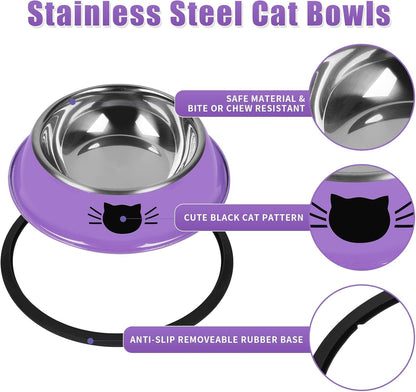 2 Pcs Non-Slip Stainless Steel Small Cat Food Bowls - Unbreakable, 7 Oz, Suitable for Indoor Small Pets - Removable Rubber Base, Easy to Clean, Lovely Color