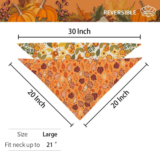 CROWNED BEAUTY Fall Dog Bandanas Reversible Large 2 Pack, Rustic Flower Set, Orange Adjustable Triangle Holiday Scarves for Medium Large Extra Large Dogs Boy Girl Pets DB182-L
