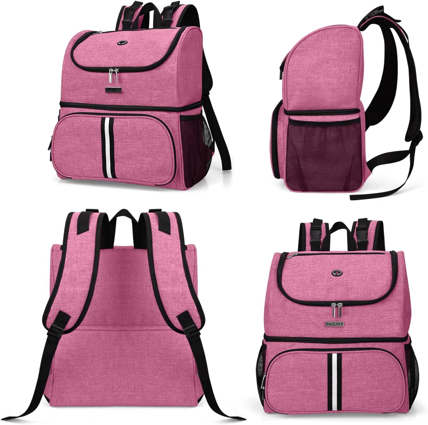 BAGLHER Pet Travel Bag, Double-Layer Pet Supplies Backpack (for All Pet Travel Supplies), Pet Travel Backpack with 2 Silicone Collapsible Bowls and 2 Food Baskets Pink - Pawvie