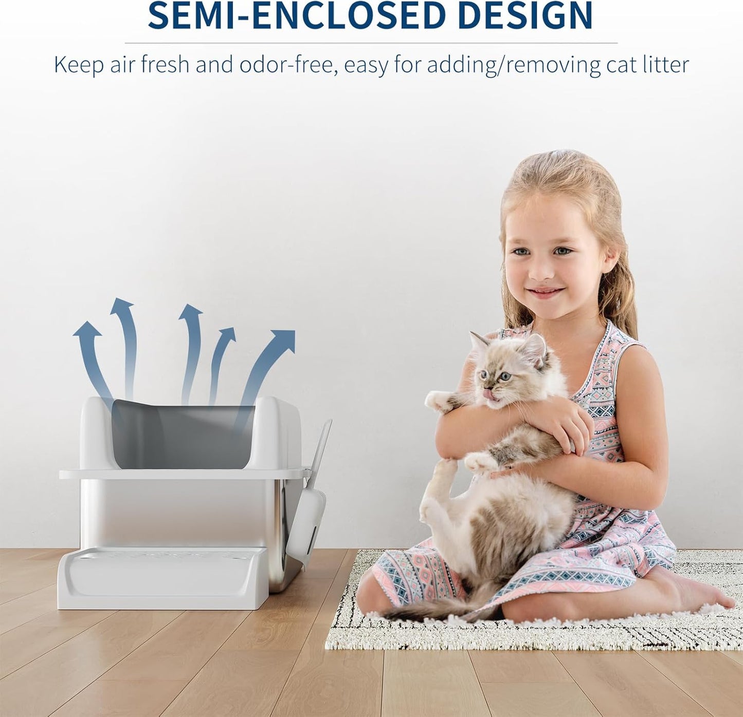 Stainless Steel Cat Litter Box 8 inch, XXL Large Cat Litter Tray with High Side, Platform Step and Scoop for Big Cats Multiple Cats, Easy Clean