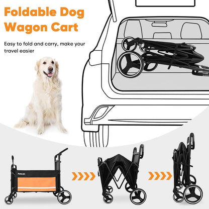 Petbobi Dog Wagon Stroller for Large & Medium Dogs - 2-in-1 Push-Pull Pet Stroller with Ramp, Foldable All Terrain Wagon Cart, One-Step Brake, Suitable for Outdoor Walks & Camping, Orange