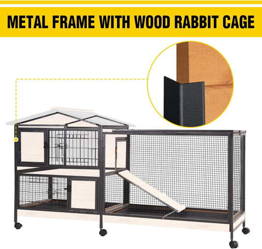 AIVITUVIN Rabbit Hutch Indoor with Metal Frame Rabbit Cage with Pull Out Tray No Leakage Bunny Cage with Wheel Guinea Pig Cage