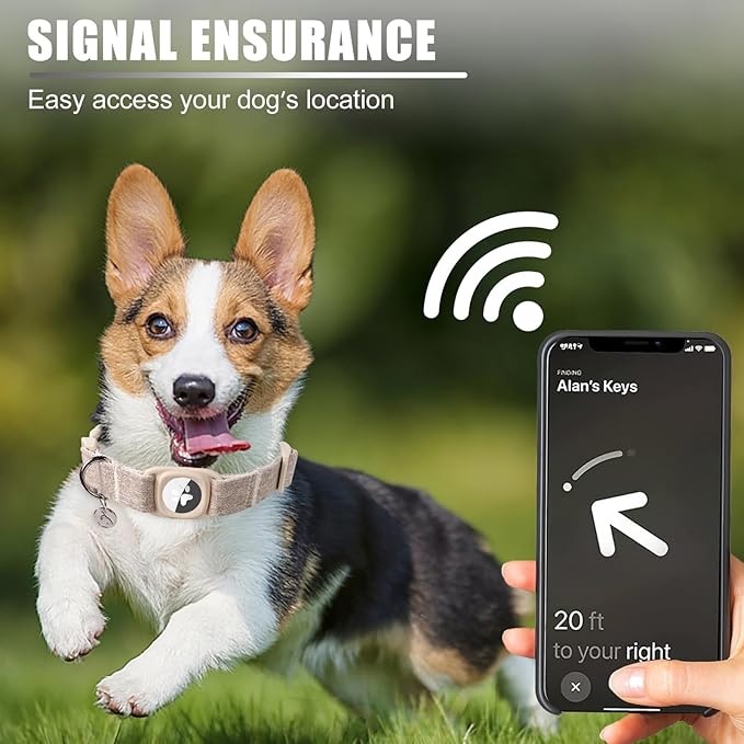 DOGWONG Airtag Cotton Hemp Dog Collar, Heavy-Duty Dog Collar with Airtag Holder Beige Natural Fabric Pet Cute Puppy Necklace for Small Medium Large Dogs