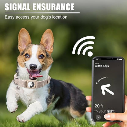 DOGWONG Airtag Cotton Hemp Dog Collar, Heavy-Duty Dog Collar with Airtag Holder Beige Natural Fabric Pet Cute Puppy Necklace for Small Medium Large Dogs