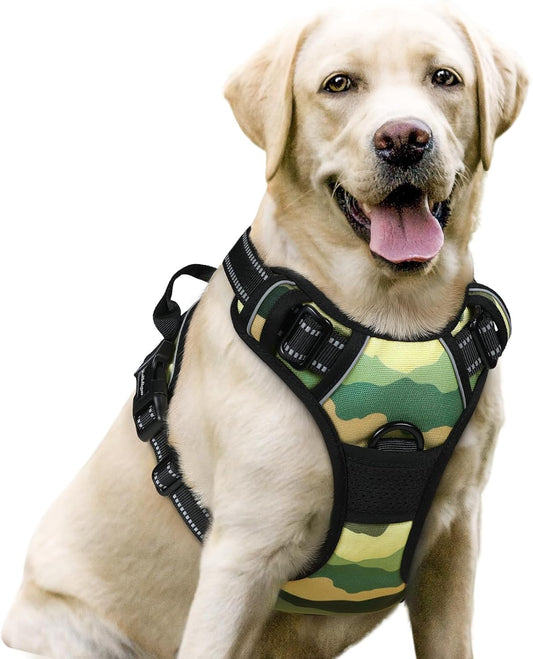 rabbitgoo Dog Harness No Pull with 2 Leash Clips, Adjustable Soft Padded, Reflective Oxford No Choke Pet Vest with Easy Control Handle for Large Dogs, Green Mountain,L