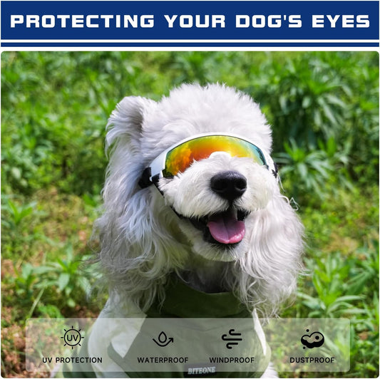 Dog Goggles for Small to Medium Breed, Dog Sunglasses UV Protection, Windproof & Anti-Fog, Puppy Sunglasses with Padded Frame and Adjustable Straps for Outdoor Riding, Driving（White）