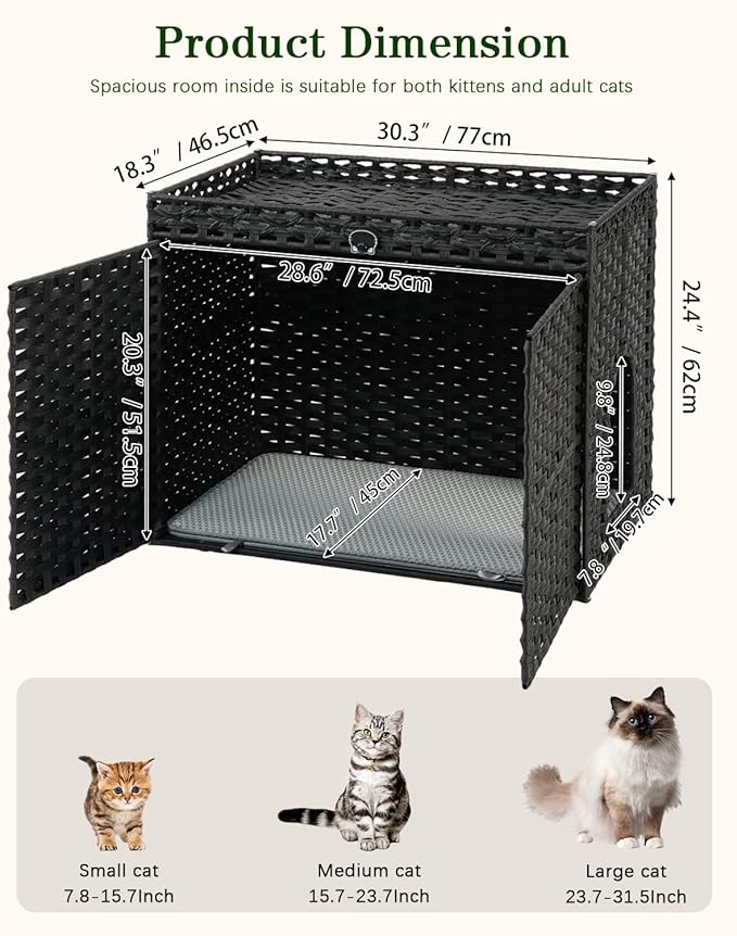Cat Litter Box Enclosure Furniture, Hidden Litter Box, Cat Litter Box Cabinet with 2 Litter Mats, Handwoven Rattan Large Space Cat House, Indoor for Living Room, Bedroom, Apartment Black
