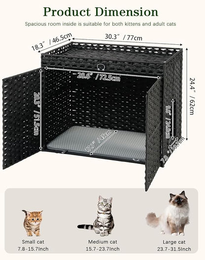 Cat Litter Box Enclosure Furniture, Hidden Litter Box, Cat Litter Box Cabinet with 2 Litter Mats, Handwoven Rattan Large Space Cat House, Indoor for Living Room, Bedroom, Apartment Black
