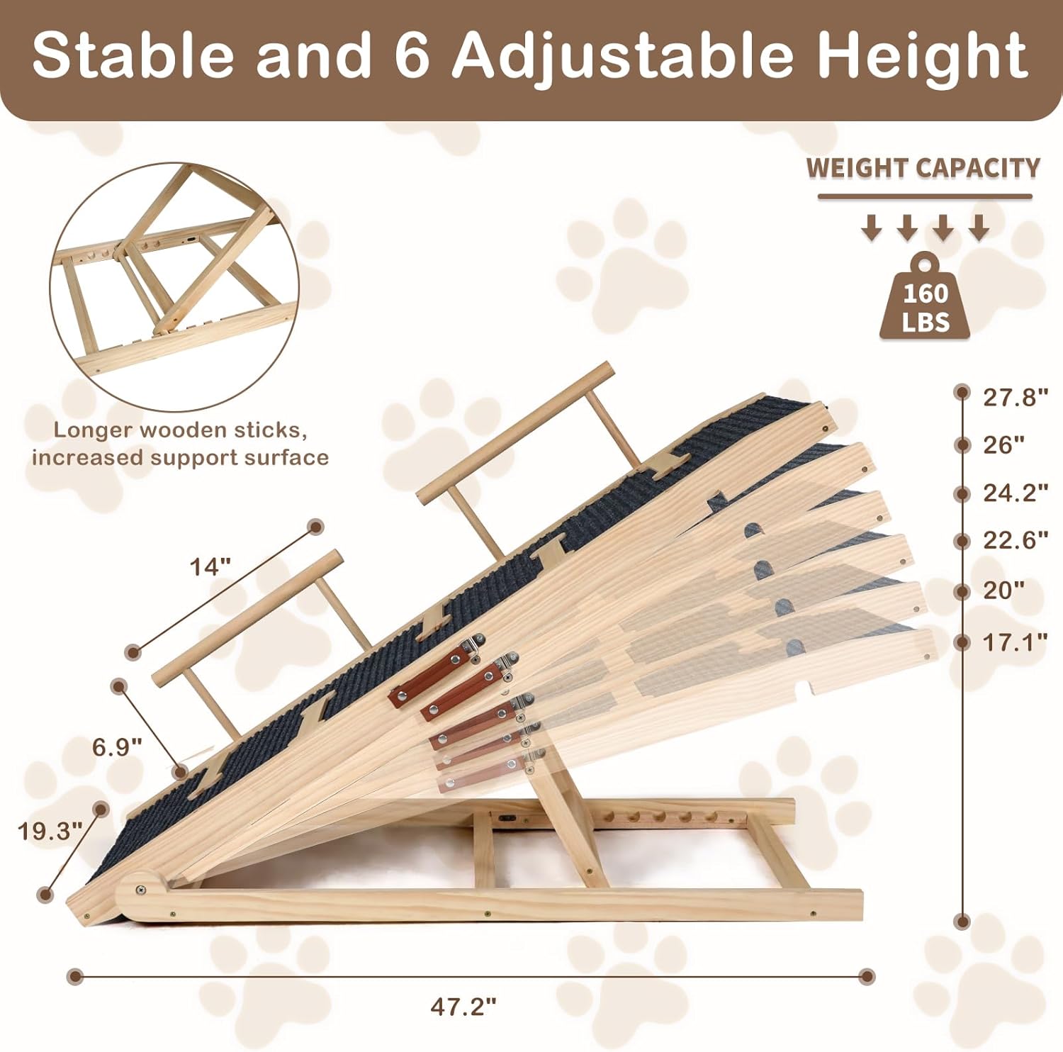 Dog Ramp for Bed Couch Extra Wide Folding Pet Ramps for Large Dogs to Get on Bed, Portable Doggie Steps 6 Adjustable Height 27.3”, 47.3" Long - Pawvie