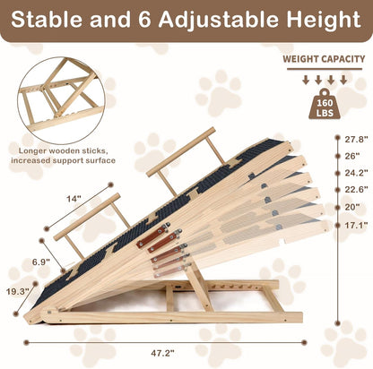 Dog Ramp for Bed Couch Extra Wide Folding Pet Ramps for Large Dogs to Get on Bed, Portable Doggie Steps 6 Adjustable Height 27.3”, 47.3" Long - Pawvie