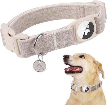 DOGWONG Airtag Cotton Hemp Dog Collar, Heavy-Duty Dog Collar with Airtag Holder Beige Natural Fabric Pet Cute Puppy Necklace for Small Medium Large Dogs