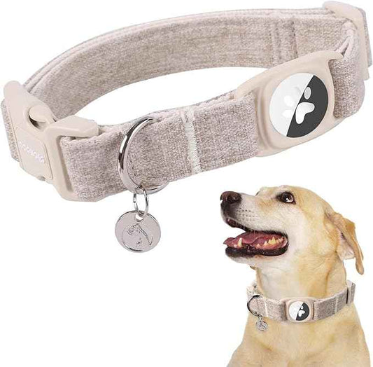 DOGWONG Airtag Cotton Hemp Dog Collar, Heavy-Duty Dog Collar with Airtag Holder Beige Natural Fabric Pet Cute Puppy Necklace for Small Medium Large Dogs