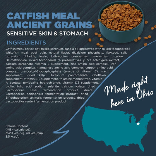 Blackwood Sensitive Skin & Stomach Dry Dog Food, Catfish Meal & Brown Rice with Ancient Grains, 24 Pound Bag with Prebiotics & Probiotics to Promote Gut Health