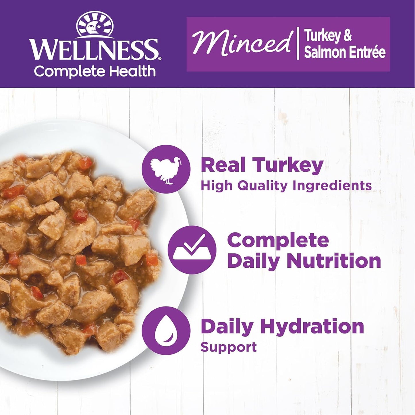 Wellness Complete Health Minced Adult Wet Cat Food, Natural, Protein-Rich, Grain Free, 5.5 Ounce, 24 Pack, (Turkey & Salmon Entrée)