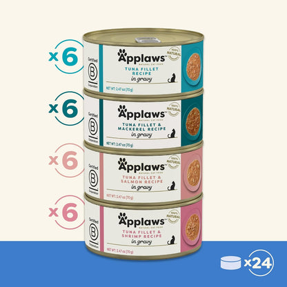 Applaws Natural Wet Cat Food in Gravy, Limited Ingredient Canned Wet Cat Food, No Additives, Made with Natural Ingredients, Fish Selection in Gravy Cans (24 x 2.47oz Cans)