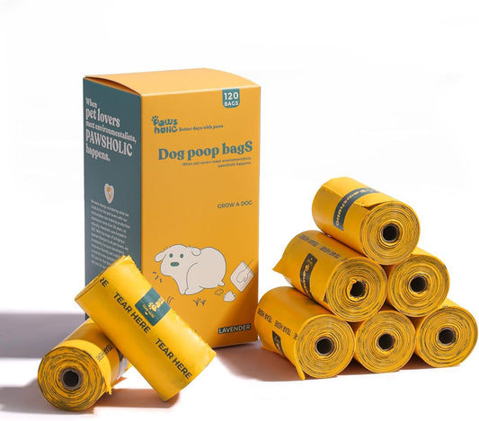 Dog Poop Bags Rolls Cornstarch Based Thickened&100% Leak Proof Dog Waste Bags -120 Count 8 Rolls - Doggie Poop Bag for puppy and Big Dogs(Lavender)