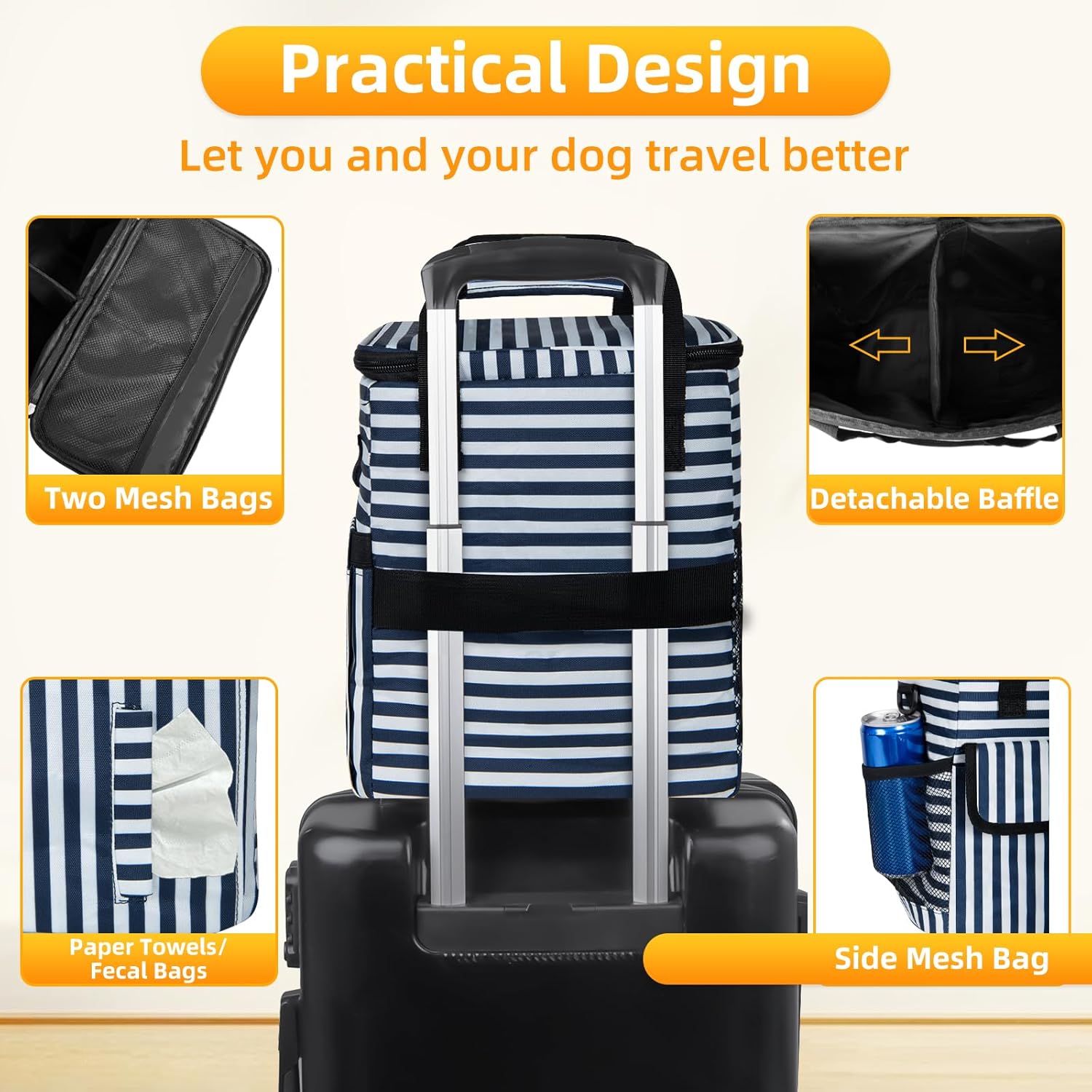 Dog Travel Bag for Camping - Pet Travel Accessories with 2 Collapsible Bowls, 2 Food Containers & Waterproof Feeding Mat - Portable Dog Carrier, Stripe (Small) - Pawvie