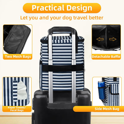 Dog Travel Bag for Camping - Pet Travel Accessories with 2 Collapsible Bowls, 2 Food Containers & Waterproof Feeding Mat - Portable Dog Carrier, Stripe (Small) - Pawvie