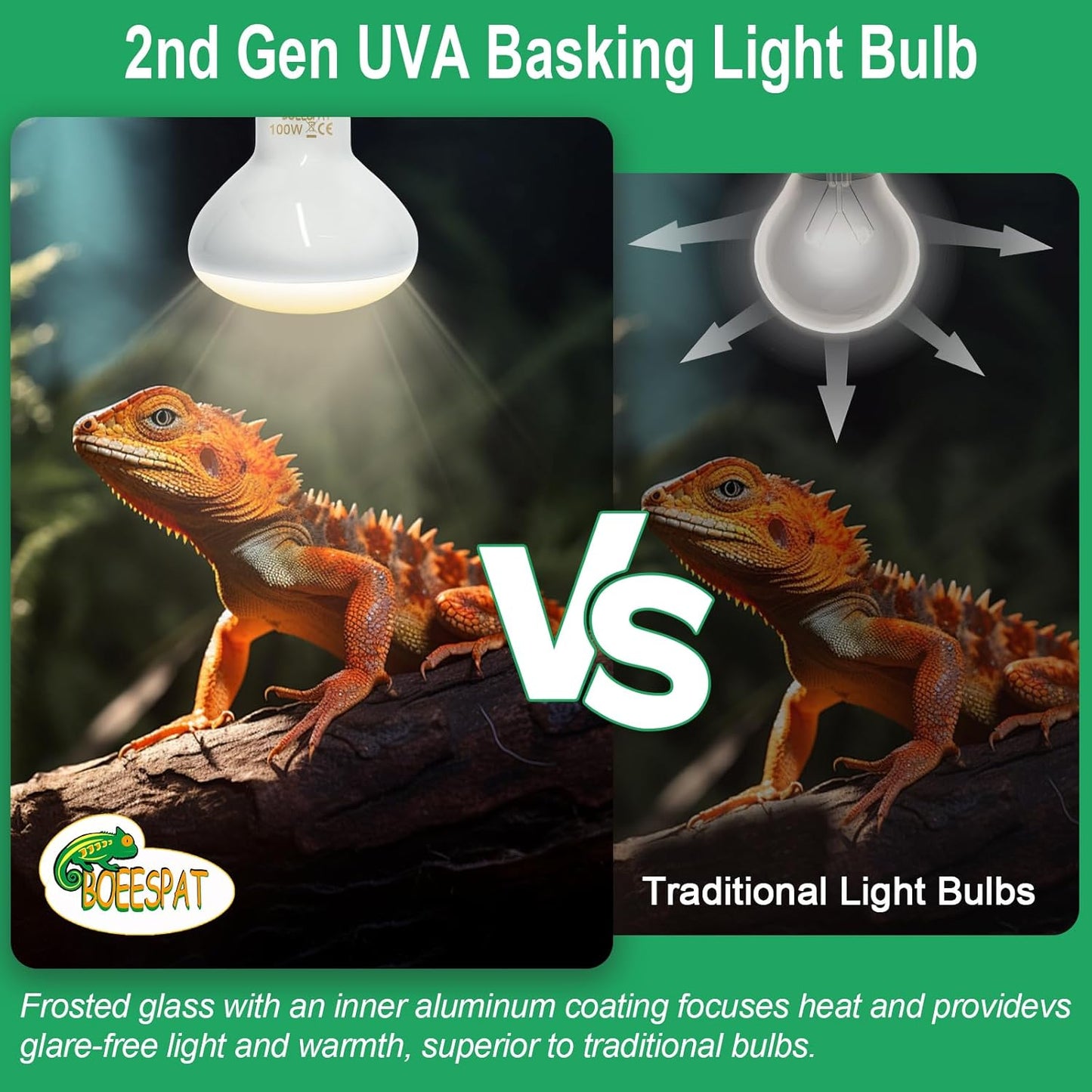 Pack of 2 Reptile Basking Light Bulbs - Incandescent 100W Simulated Sunlight UVA Heat Bulbs for Bearded Dragons, Geckos, Iguanas, Lizards, Amphibians & Small Pets