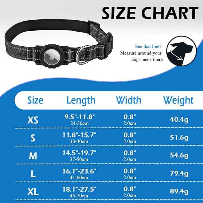 Airtag Dog Collar with Waterproof Air Tag Holder, Integrated Reflective Pet Collar with Soft Padding, Adjustable Nylon Collar for Small Medium Large Dogs, Black, XS (9.5"-11.8")