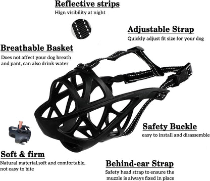 Dog Muzzle, Breathable Basket and Soft Cage Black Dog Mouth Cover,Anti-Biting, Barking and Chewing for Small Medium Large Dogs, 1 Pack Poop Bags for Dogs (XL)