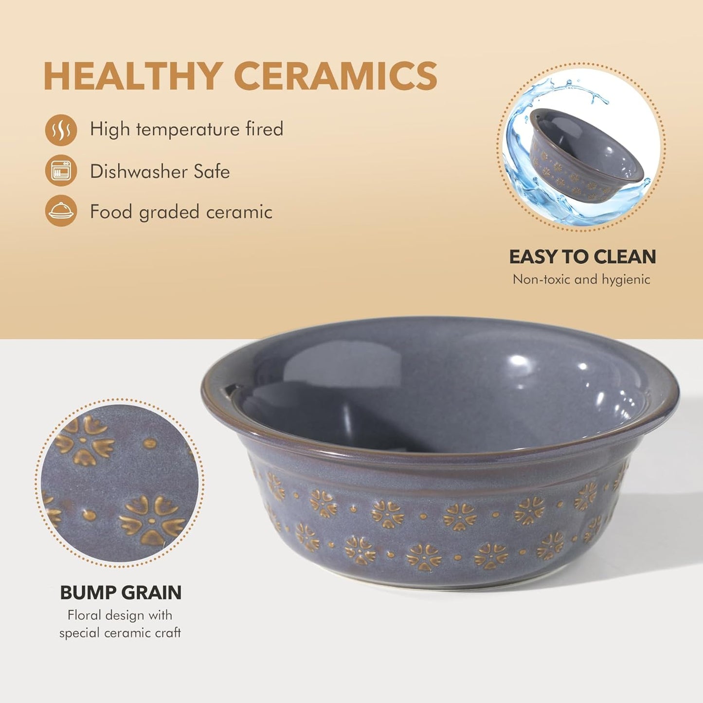 Ceramic 8.7inch Dog Bowl for Large Dog, Basic Food and Water Bowl for Replacement, Wide Opening Rounded Edge(Single Bowls, Reactived Glaze -Grey)