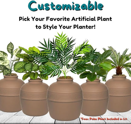 Good Pet Stuff Hidden Litter Box Planter, Decorative Cat Litter Enclosure with Carbon Filter, Artificial Plant, Easy Clean, Removable Liner, Round Style, Essentials Kit, Chestnut Brown