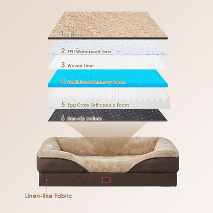 EHEYCIGA Memory Foam XXL Dog Bed for XLarge Sized, Extra Large Orthopedic Dog Sofa with Sides and Waterproof Liner, Washable Bolster Pet Couch with Removable Cover, 52x41x8 Inch, Brown