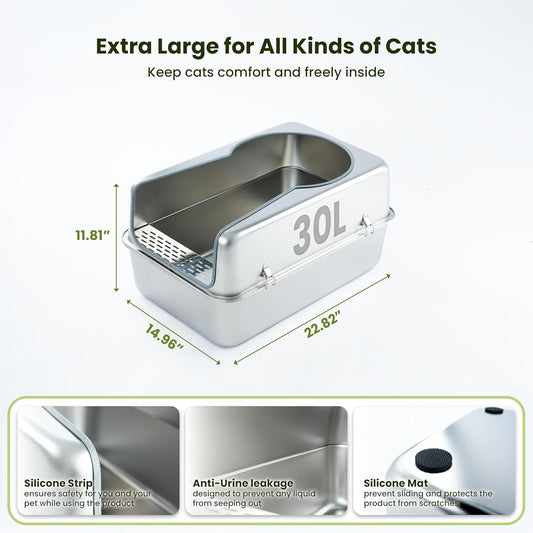 Cattasaurus 100% Stainless Steel Litter Box Enclosure for Large Cats 30+ lbs, Odor-Free & Easy to Clean, Multi Cat Litter Box with Cover, Long-Lasting XL Metal Litter Box with High Side, Scoop & Pedal