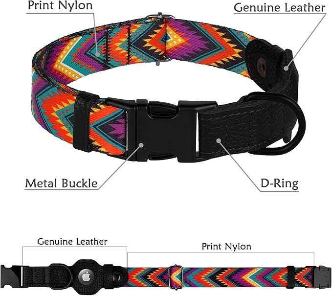 AirTag Dog Collar with Metal Buckle - Printed Nylon Soft Leather Dog Collar with Apple AirTag Holder - Secure Tracking GPS Pet Collars for Girl Boy Small Large Dogs (XS, 9"-12" Neck Fit, Arrows)