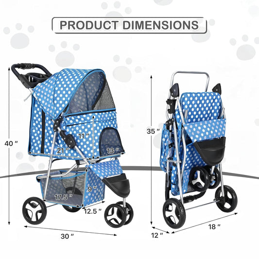 MoNiBloom 3 Wheels Pet Dog Cat Stroller for Small Medium Dogs Cats, Foldable Jogger Stroller w/Storage Basket and Cup Holder, Sky Blue Polka Dots - Pawvie