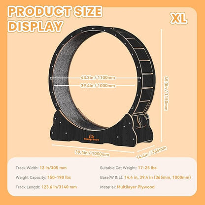 Homegroove Cat Wheels for Indoor Cats, 46 inch Large Cat Exercise Running Treadmill Wheel with Carpeted Runway for Kitty’s Longer Life, Black(XL)