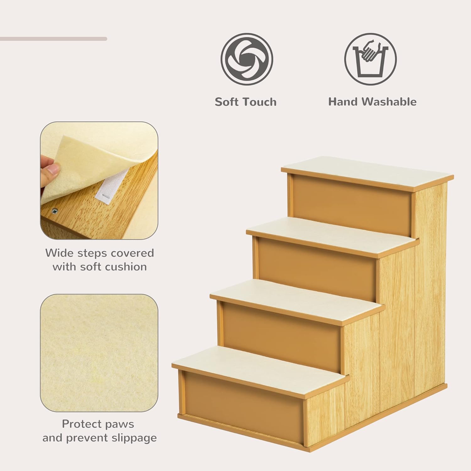 PawHut Pet Stairs, Small Pet Steps with Cushioned Removable Covering for Dogs and Cats Up to 22 Lbs., Natural - Pawvie