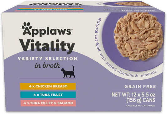 Applaws Vitality Wet Cat Food in Broth, Natural Canned Cat Food, Wet Food for Cats with Added Vitamins and Minerals, Grain Free, Carrageenan Free, Variety Selection in Broth (12 Count, 5.5 oz Cans)