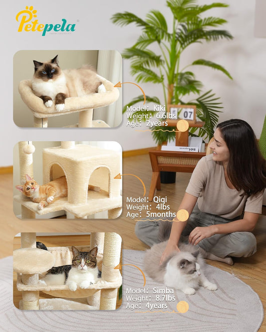 PETEPELA 45.7" Cat Tree for Indoor Cats, 5-Level Cat Tower for Large Cats with Metal Frame Large Hammock (17.3"x15.3"), Cat Condo with (18.5"x13") Big Top Perch & 4 Sisal Covered Scratching Post Beige