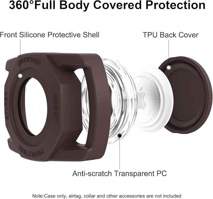 SANKALA Waterproof Airtag Dog Collar Holder, [1 Pack] Airtag Case for Dog Collar, TPU & Silicone Full Body Covered Anti-Lost Apple Air Tag Collar Holder Protective Airtag Case for Pet Collar, Brown