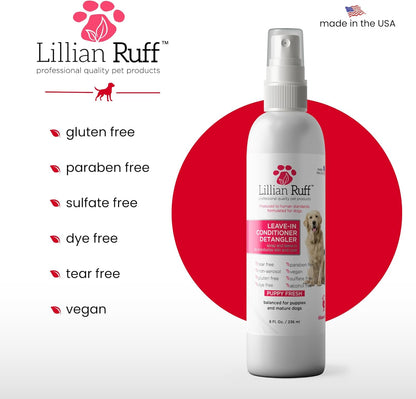 Lillian Ruff Leave-in Dog Conditioner & Detangler Spray - pH Balanced After-Bath No Rinse Dog Conditioning Spray - Silky Shine Spray for Dry Skin, Itch Relief, Detangling & Dematting (8oz/Brush)