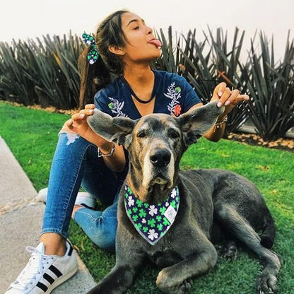 E-Clover Dog Bandana Boy & Matching Scrunchie Set Shamrock Lucky Dog Bandanas Scarf with Bow Hair Ties for Small Puppy Dogs Pet Owner Mom Green Blue