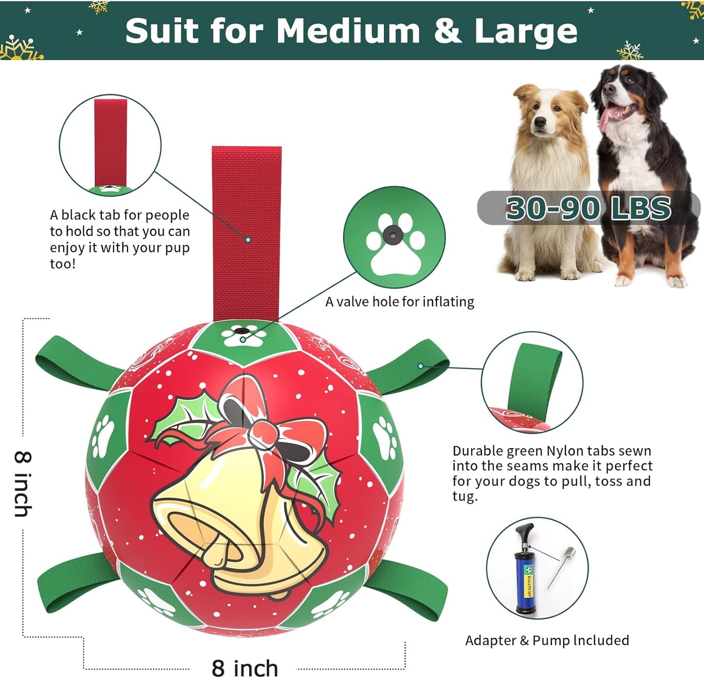 QDAN Christmas Dog Soccer Balls with Straps, Interactive Toys for Tug of War, Puppy Birthday Gifts, Durable Balls for Medium Large Dogs (8 Inch)