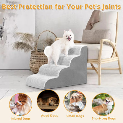 MIHIKK Dog Stairs Ramp, Curved 4-Step Dog Steps for Small Dogs and Cats, Pet Stairs for High Beds and Couch with Anti-Slip Washable Cover and Durable High Density Foam, Grey